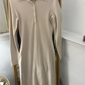 Babaton Neutral Ribbed Polo Knit Long Sleeve Dress